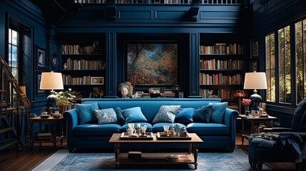  A dark blue sofa in the center of an old library with bookshelves, lamps and coffee table