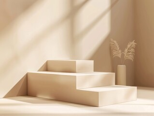 Realistic minimal cube podium in beige color scene