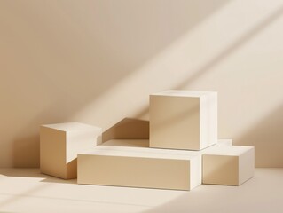 Realistic minimal cube podium in beige color scene