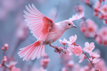 A pink bird flying away from twigs in the wild, wildlife template
