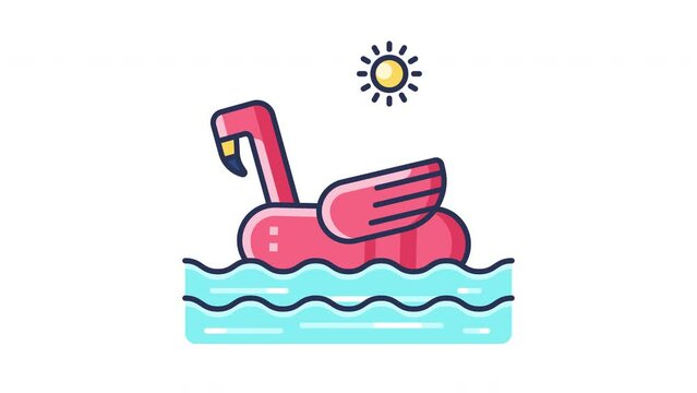Animated Inflatable pink flamingo floating in water with a sun background. Perfect for summer marketing campaigns, tropical themed designs, beach vacation promotions.