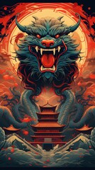 Poster of a Chinese dragon with ornamental oriental architecture