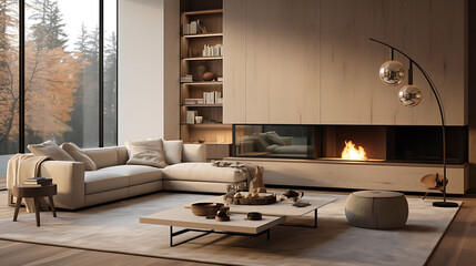 Modern minimalist living room with a bioethanol fireplace, low-profile furniture, and a neutral palette,