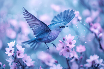 A purple bird flying away from twigs in the wild, wildlife template