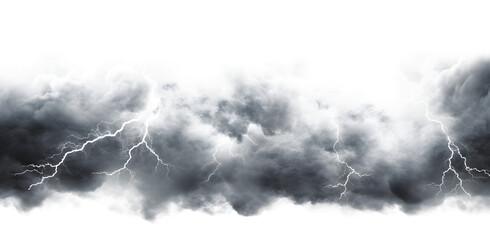 Dark storm clouds with lightning isolated on white and transparent background Ominous Storm Clouds with Lightning Bolts Isolated on White, Dramatic Weather Photo