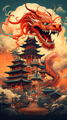 Poster of an oriental dragon with a large traditional Chinese building