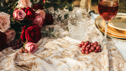 Wedding and event celebration tablescape with flowers, formal dinner table setting with roses and wine, elegant floral table decor for dinner party and holiday decoration, home styling idea