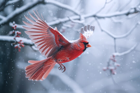 A red bird flying away from twigs in the wild, wildlife template