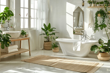A bright bathroom with white walls, large windows on the left side and an elegant freestanding bathtub in front.