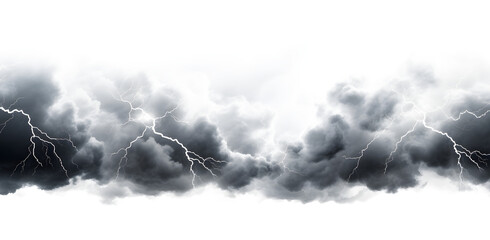 Dark storm clouds with lightning isolated on white and transparent background Ominous Storm Clouds with Lightning Bolts Isolated on White, Dramatic Weather Photo