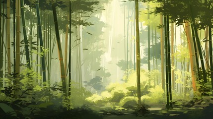 Panorama of a green forest in the rays of the rising sun