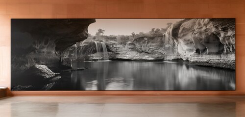 A panoramic, terracotta-colored wall background, its earthy tone providing a warm, inviting backdrop for an oversized, black and white photograph of a natural landscape.