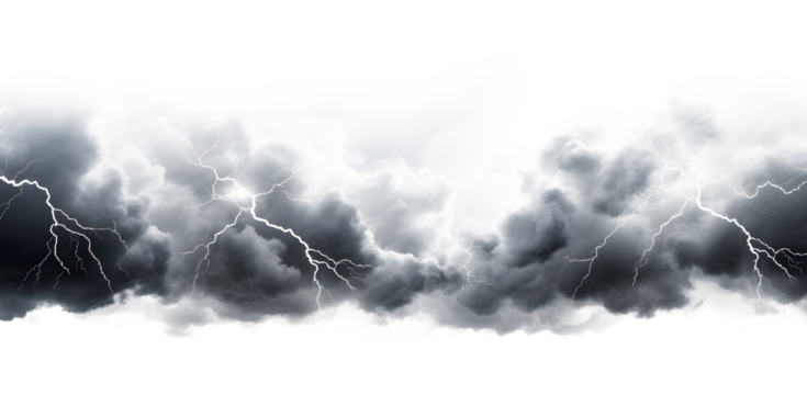Dark storm clouds with lightning isolated on white and transparent background Ominous Storm Clouds with Lightning Bolts Isolated on White, Dramatic Weather Photo