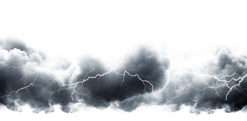 Dark storm clouds with lightning isolated on white and transparent background Ominous Storm Clouds with Lightning Bolts Isolated on White, Dramatic Weather Photo