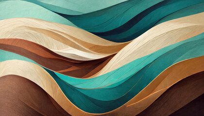 Obraz premium Abstract colorful wavy fabric shapes, textures in light green, blue, navy blue, turquoise, dark turquoise, chocolate brown and beige colors. Colored clothes tissues design art background or wallpaper.