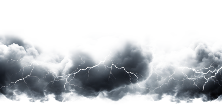 Dark storm clouds with lightning isolated on white and transparent background Ominous Storm Clouds with Lightning Bolts Isolated on White, Dramatic Weather Photo