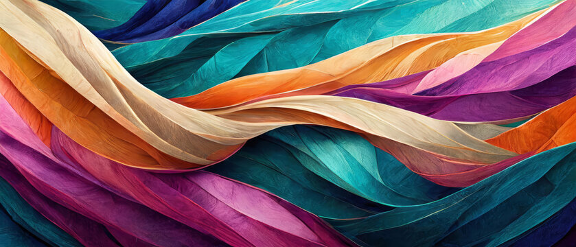 Abstract colorful wavy fabric shapes, textures in blue, navy blue, turquoise, dark turquoise, purple, violet, pink, fuchsia, peach, colors. Colored clothes tissues design art background or wallpaper.