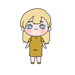 A cartoon girl with a yellow dress and blue eyes