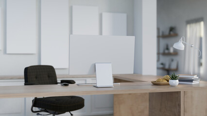 A back view image of a computer desk in a contemporary home office or private office.