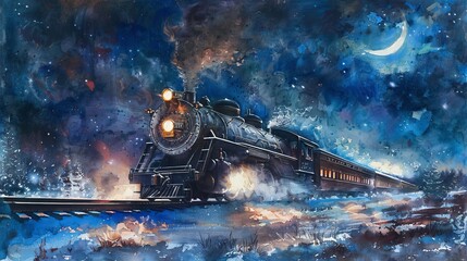 Vibrant watercolor of a diesel train speeding past a frozen lake, the reflection in the ice adding depth and intrigue to the winter journey