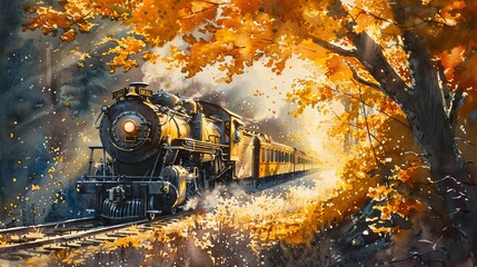 Vibrant watercolor showing a steam train under a canopy of golden leaves, the sun filtering through the branches creating a magical, glowing path