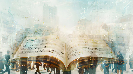 Double exposure of business people walking and reading a book with city background