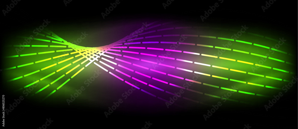 Poster a neon violet, magenta, and yellow light beam create a mesmerizing visual effect on a black backgrou