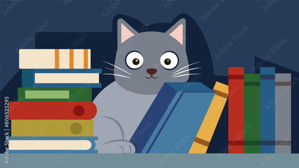 Poster a timid grey cat hiding a the cookbooks peeking out with caution at the bustling customers.. vector 