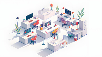 Illustration of a detailed and colorful cubicle office setup with workers at their stations, surrounded by contemporary furnishings and greenery