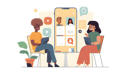 Modern office illustration featuring two professionals interacting over a large smartphone interface, emphasizing collaboration and digital connectivity