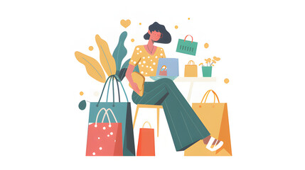 Cheerful illustration of a woman sitting among numerous shopping bags, depicting the excitement of a successful shopping spree