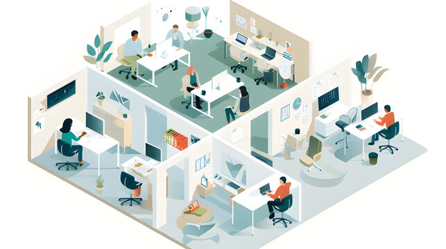 Isometric view of a segmented office space with multiple professionals working in individualized and plant-filled sections