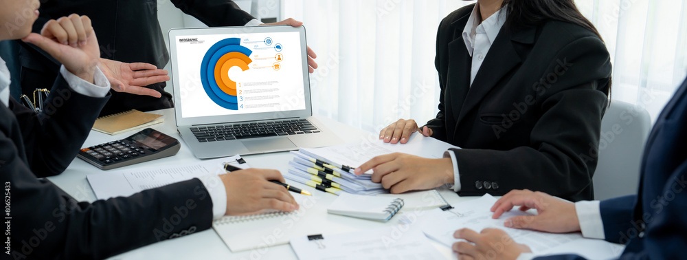 Poster business intelligence analyst team use bi software on laptop to analyze financial data dashboard. bu