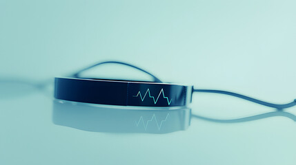 A modern smartwatch with a pulsing heartbeat graphic on its sleek, reflective surface, displayed against a serene blue background