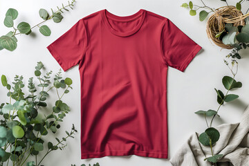 Top view of mockup red t-shirt on wooden table mock up concept