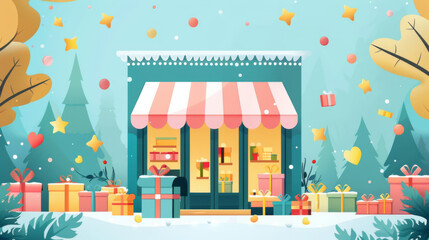 Obraz premium A charming holiday-themed gift shop decorated with Christmas lights and surrounded by colorful gift boxes.