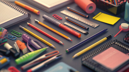 Close-Up Composition of Well-Organized School Supplies on Desk