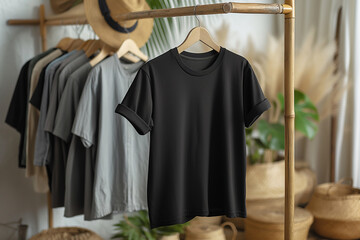 Unisex short-sleeve shirt mockup, black tee hanging on a wooden hanger on a clothing rack mock up concept