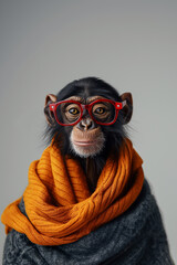a monkey wearing a red glasses on white background