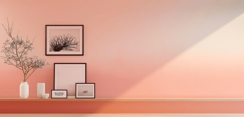 A panoramic view of a wall background with a gradient from soft peach to deep coral, creating a warm, inviting space.