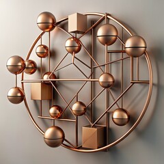 3D Render of a Copper Wire Wall Decor with Geometric Shapes, on isolated white background, Generative AI