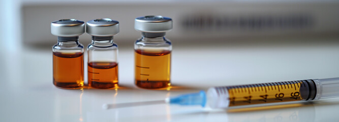 Three vials lying on a white background, with a syringe lying next to them