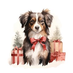 Watercolor portrait of australian shepherd dog with gift boxes isolated on white background.