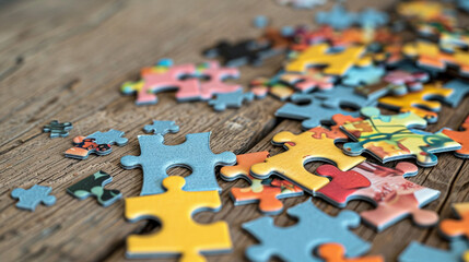 Colorful Puzzle Pieces on Wooden Table