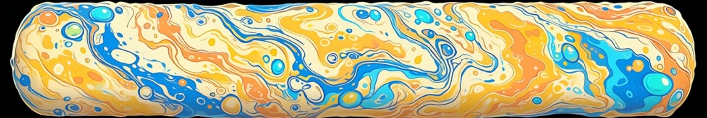 Blue and gold marbled effect. Abstract expressionist style. Fluid, organic patterns. Banner, poster, web. Panoramic, dynamic background. Artistic, transformative visual. Ultra wide