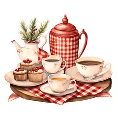 Fototapeta premium Cup of coffee, teapot, teacup and cakes. Watercolor illustration