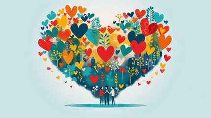 Artistic illustration featuring a colorful heart made of leaves with a couple and child, symbolizing love and unity.