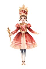 Little princess in a red dress with a golden crown. Watercolor illustration