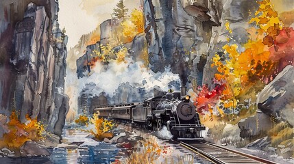 Watercolor of a steam train chugging through a snowy landscape, white mist from the engine blending with the falling snow