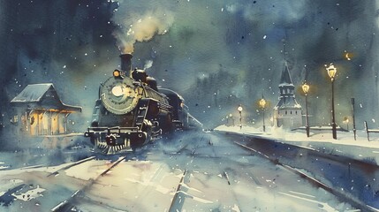 Watercolor of a steam train silhouetted against a snowy night background, the station lights casting long shadows over the icy tracks